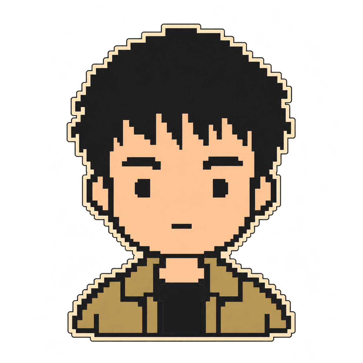 A little pixel cartoon of Jerry (Zeyan) Li with short hair, a slimmer face, a gold jacket, and a black T-shirt